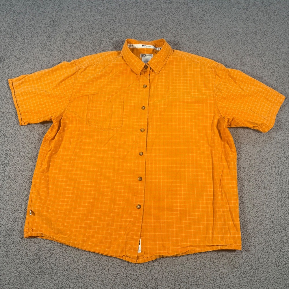 REI Mens XL Short Sleeve Button Down Shirt Orange Grid Cotton Outdoor Pockets